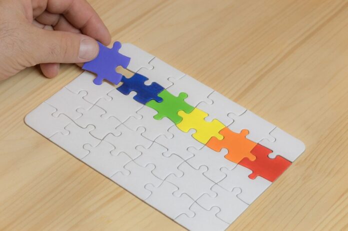 puzzle, pieces, rainbow colors